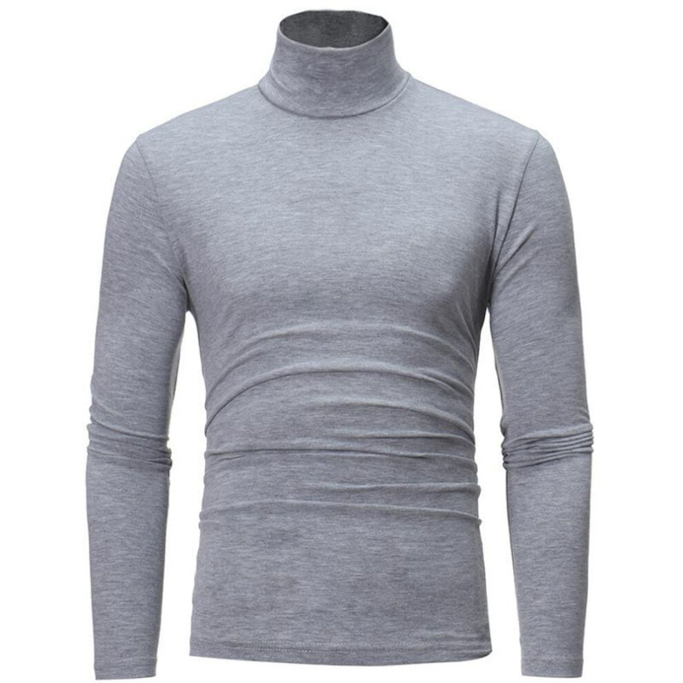(light gray, XL) Men's High-neck Thin Solid Color Slim Long-sleeved T-shirt Teen Simple Pullover Tops-image-OPC-PM9W577-NEW