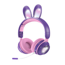 Kids Headphones Bluetooth 5.0 Over Ear With Rabbit Ear LED Light Foldable Wireless Headset Supports TF Card AUX Purple