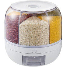 Round Dry Food Dispenser 6-Grid 360-Degree Rotatable Clear Grain Container Sealed Storage Box for Beans Rice Barley