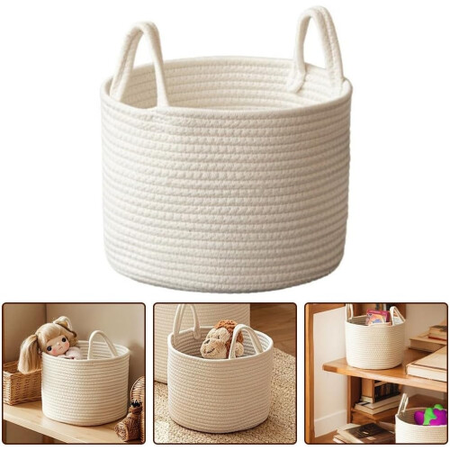 Baby Toy Storage Basket Solid White Cotton Rope Design Nursery Organization 2