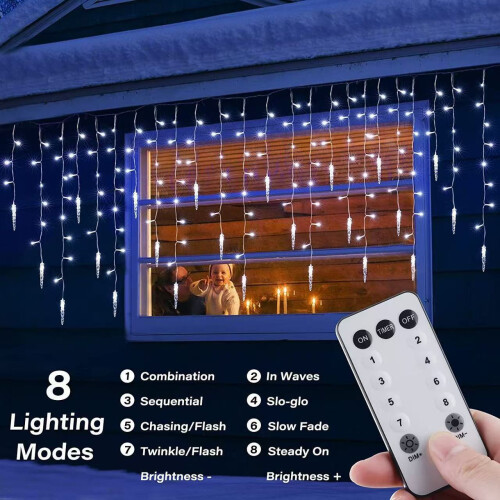 9m/300 LED Icicle Lights , White Fairy Twinkle Lights - IP44 Waterproof/Remote Control/8 Modes/Memory/Timer 2