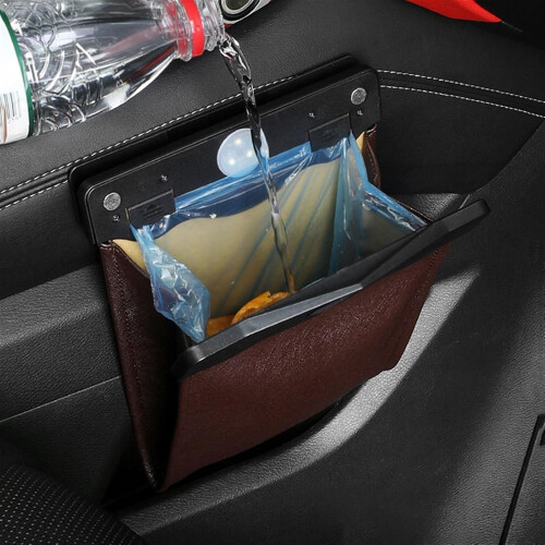 Car Trash Can Front-Row Hanging Garbage Bin PU Leather Foldable Storage For Co-Pilot Car Interior Brown 2
