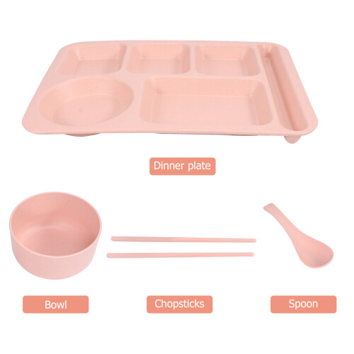 1 Set Weizenstroh Schale Reisgeschirr Teller Besteck Pink 1