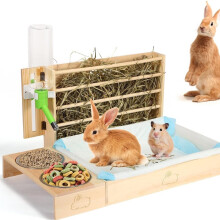 4 In 1 Extra Large Rabbit Hay Feeder Wooden Litter Box Bowls Hay Holder Toilet Water Bottle Stand For Small Pets