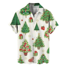 Christmas Shirt Men's Slim Fit 3D Digital Print Button-Up Lapel Green XL Festive