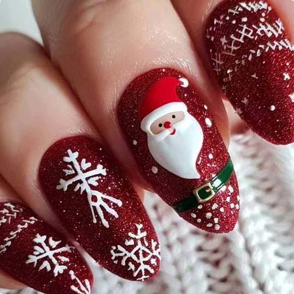 Red Holiday 3D Santa Snowflake Glittering Press On Nail 24Pcs Short