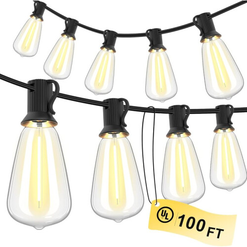 (100FT)150FT LED Outdoor String Lights Waterproof Patio Lights Shatterproof ST38 Replaceable Bulbs Dimmable