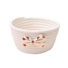 Round Storage Basket with Bow, Braided Cotton Rope, Large Beige for Changing Tables and Dressers, Bathroom Storage