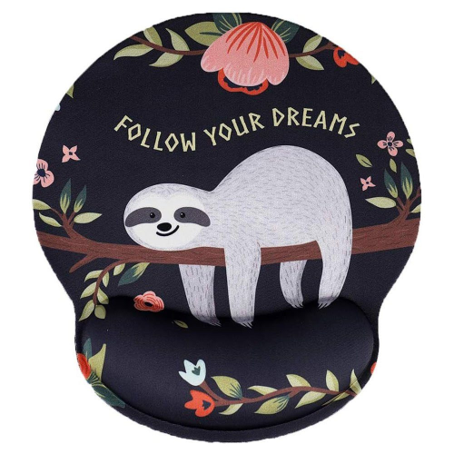 Mousepad ergonômico com apoio para pulso e espuma viscoelástica.