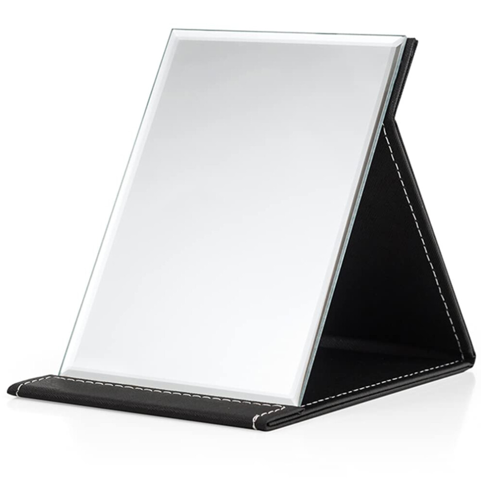 Black Portable Folding Makeup Mirror Pu Leather 17 X 12 Cm With Stand For Travel Camping Desktop Vanity