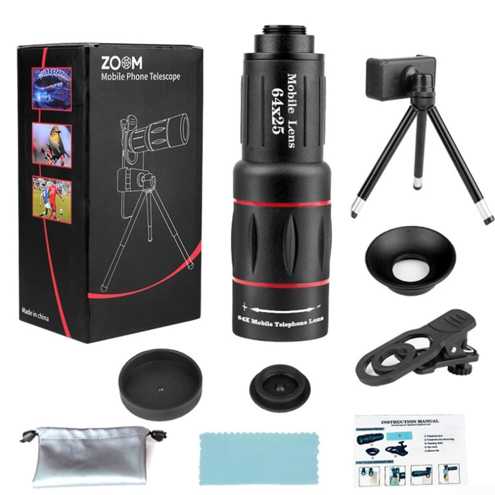 Monocular Zoom Telescope 18X 28X 36X 64X, Aluminum Alloy Phone Camera Lens, Adjustable Clip, Handheld Stand For Travel 9354506359331