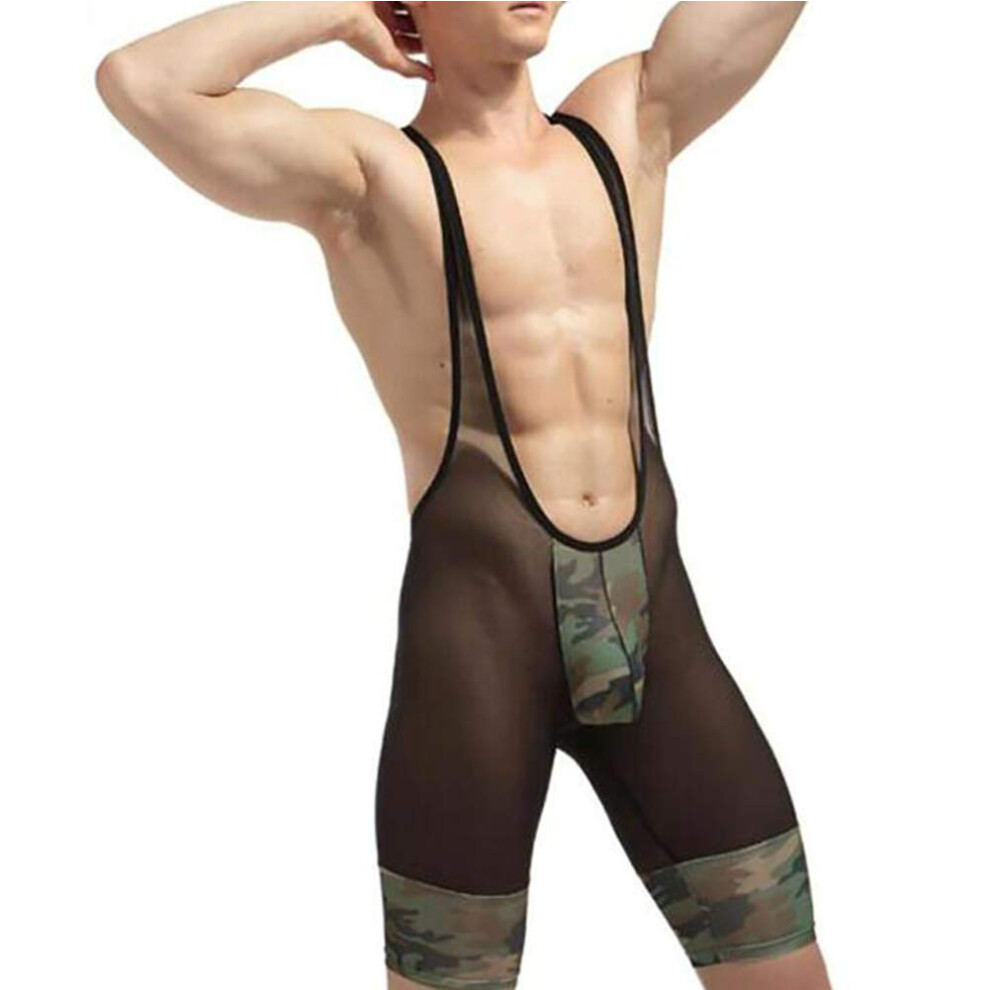 Green Men Camouflage Mesh Undershirts Suspender Underwear Bodysuit Wrestling Singlets Xxl