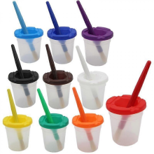 10 Piece Children's No Spill Paint Cups with Colored Lids and 10 Piece Round Brush Set with Plastic Handles
