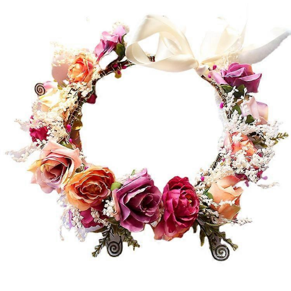 Adjustable Flower Headband Hair Wreath Floral Garland Crown Halo Headpiece With Ribbon Boho Wedding Festival,27*24Cm 9408048760411