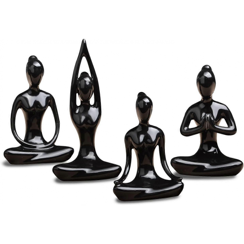 Lot Of 4 Meditation Yoga Pose Statue Figurine Ceramic Yoga Figure Set Decor (Black Set) 9408048761531