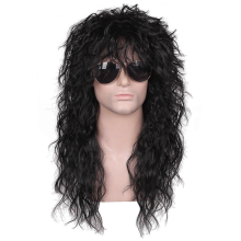Herenpruik uit de jaren 80, zwarte mulletpruik, Halloweenkostuum, herenpruik, punk, heavy metal rockerpruik, krullend, lang