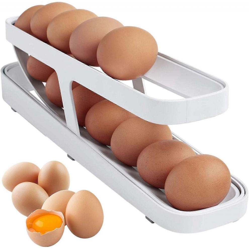 Rolldown Egg Holder - Automatic Rolling Egg Box Fridge Egg Dispenser - Double Tier Egg Container Egg Organiser For Fridge Door - 12-14 Eggs 9408048765119
