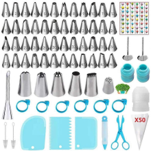 125 Pcs Icing Piping Tips and Bags Set with 48 Numbered Small Tips,5 Large Tips,1 Grass Tip,1 Cream Long Tip,50 Pastry Bags,3 Couplers,3 Scrapers