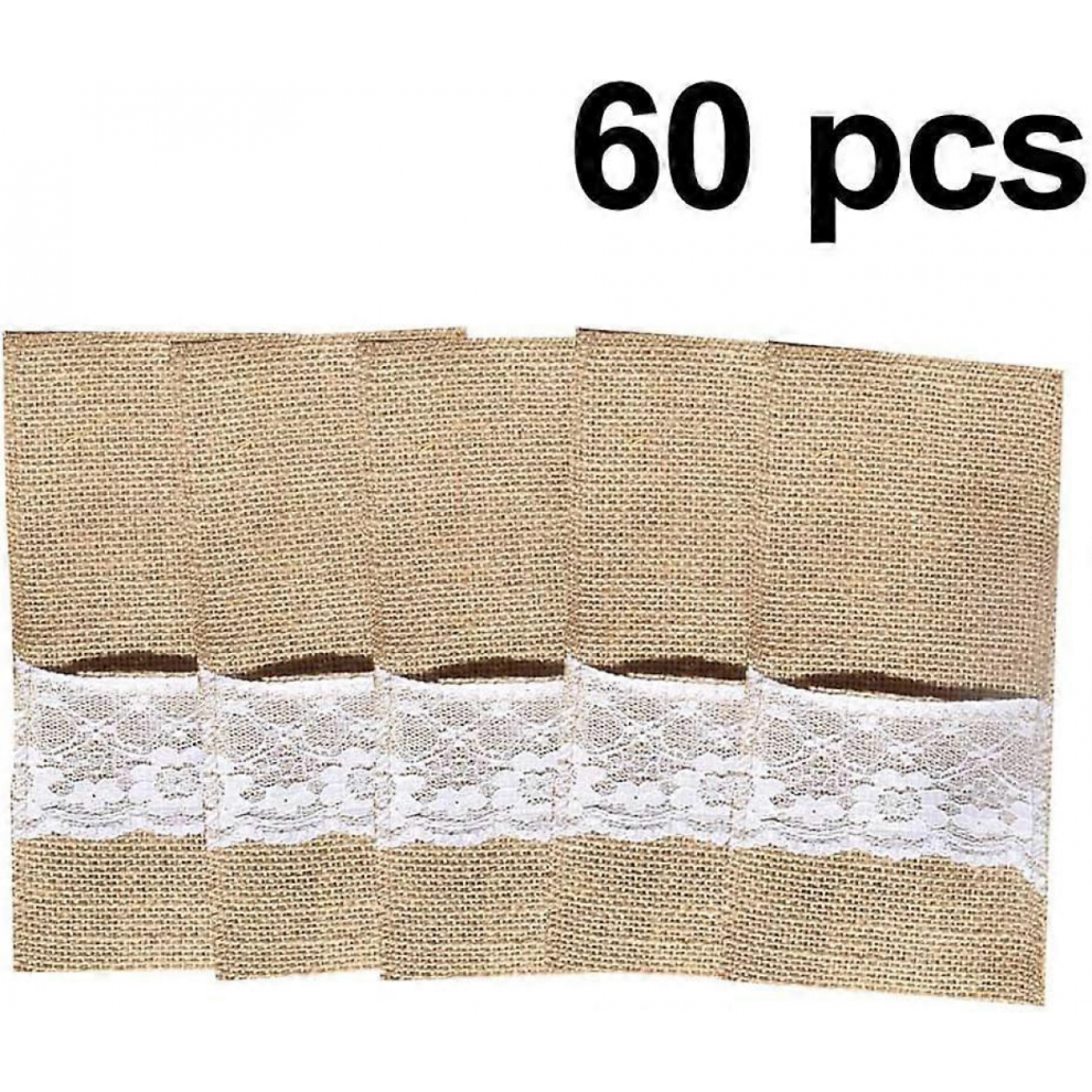 60 Packs Xmas Burlap Lace Utensil Holders Silverware Cutlery Pouch Knifes Forks Bag For Vintage Wedding 9408048767656