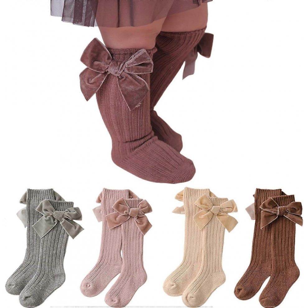4-Pack Baby Girls Knee High Socks Infants Toddlers Bow Knit Socks Cotton Tube Ruffled Stockings-image-OPC-PMBNW5H-NEW