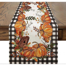 Pompoenen, paddenstoelen, vogelhuisjes, bladeren, tafelloper, seizoensgebonden herfstoogst, vintage keuken-eettafeldecoratie voor binn