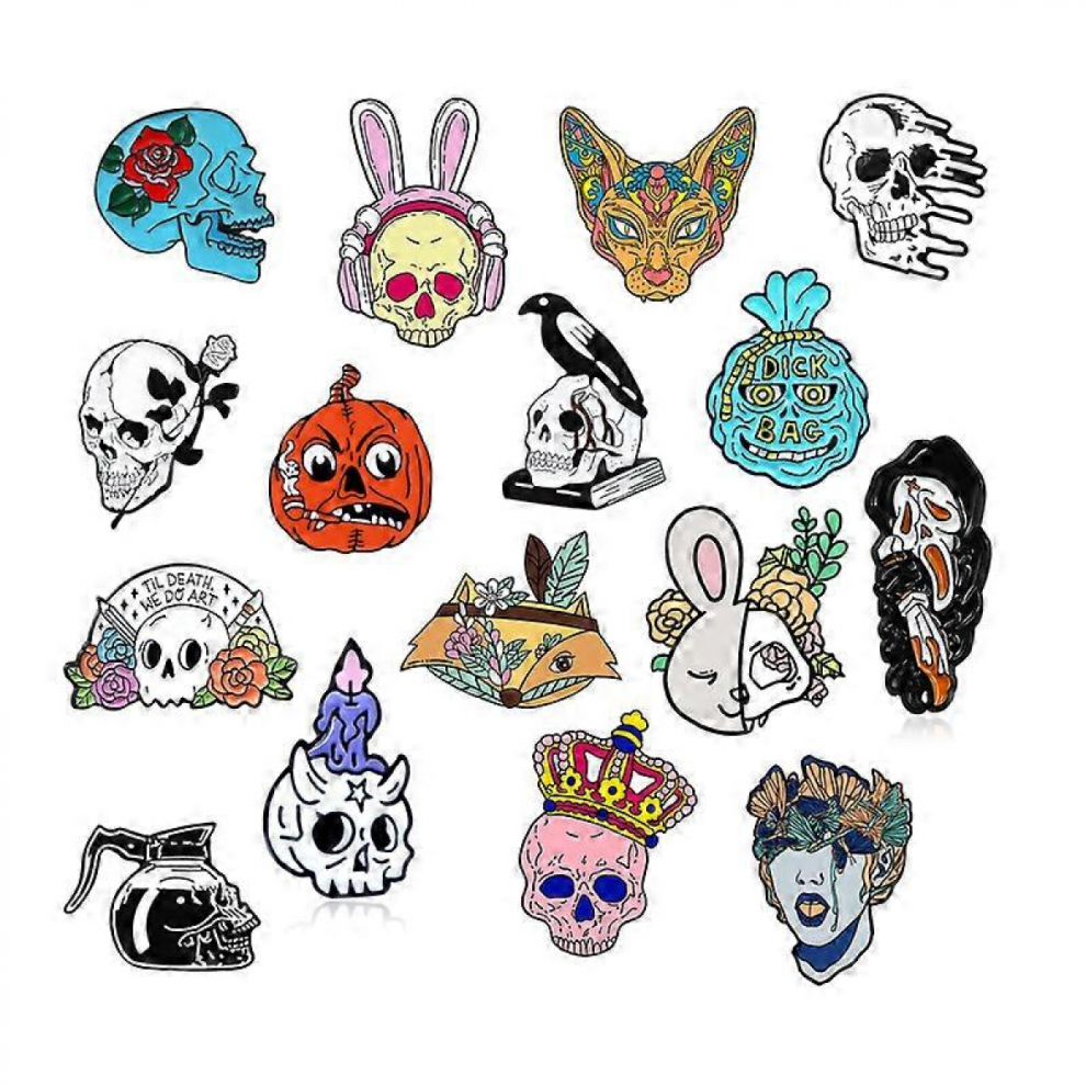 16Pcs Halloween Men Punk Skull Head Skeleton Brooch Pin For Women Men Halloween Jewelry Gift 9408048772100