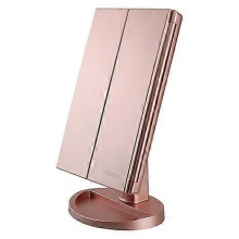 Dresser Tri-Fold Lighted Vanity Mirror with Lights, Touch Screen 1/2/3X , USB&4AAA batteries (Battery Not Included) Rosy Gold 13.59*9.45 inch