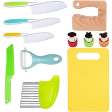 11-delige houten kinderkeukenmessenset inclusief houten, kindveilige gekartelde randen, plastic peutermes, kreukelmes, sandwichsnijder