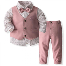 Baby-Jungen-Anzug, Kleinkind-Hemd mit Fliege und Hosenträgerhose, elegantes Hochzeitsoutfit in Rosa, 120 cm