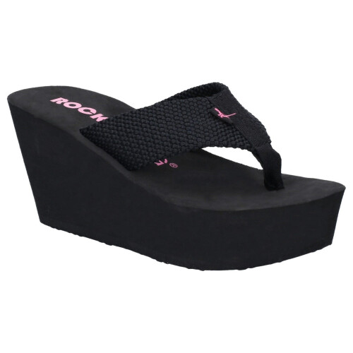ROCKET DOG (4 (Adults')) Diver Webbing | Black | Ladies Wedge Flip-Flops