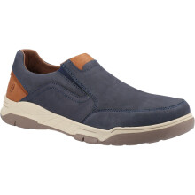 (Navy Tan, UK 12) Hush Puppies Fletcher Mens Blue Wide Fit Leather Slip On Shoes