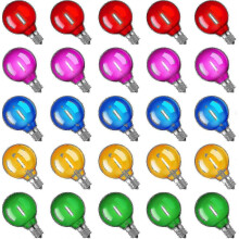 25 Pack Multi Color G40 LED Christmas Lights, 1W E12 Candelabra Base Bulbs, Shatterproof Plastic Globe