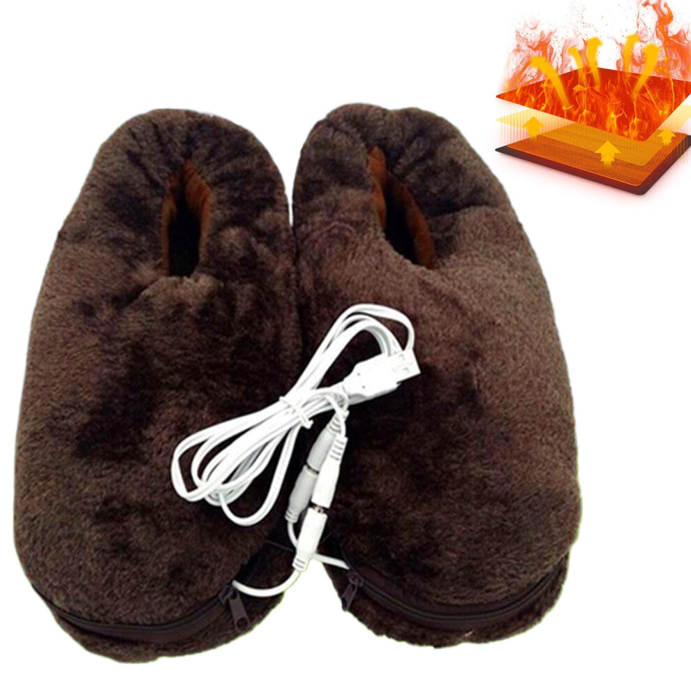 Brown Heating House Shoes Plush Foot Heater Slippers Electric Plush Warming Shoes Heated Foot Warmer One Size