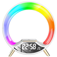 Wireless Charging Lamp Bluetooth Speaker, RGB Ambient Light, Sunrise Wake-Up Alarm Clock Bedside Lamp, White