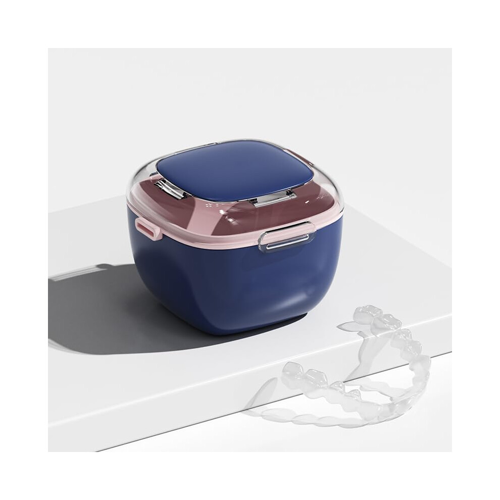 Dark/Blue Denture Case Transparent With Removable Rinse Basket Cleaning Soaking Storing Dentures Mouthguards Retainers