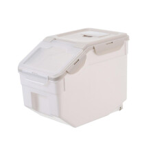 Pet Food Storage Container Large Beige Plastic Dispenser Bin With Airtight Snap-Tight Lid For Dogs Cats Rice
