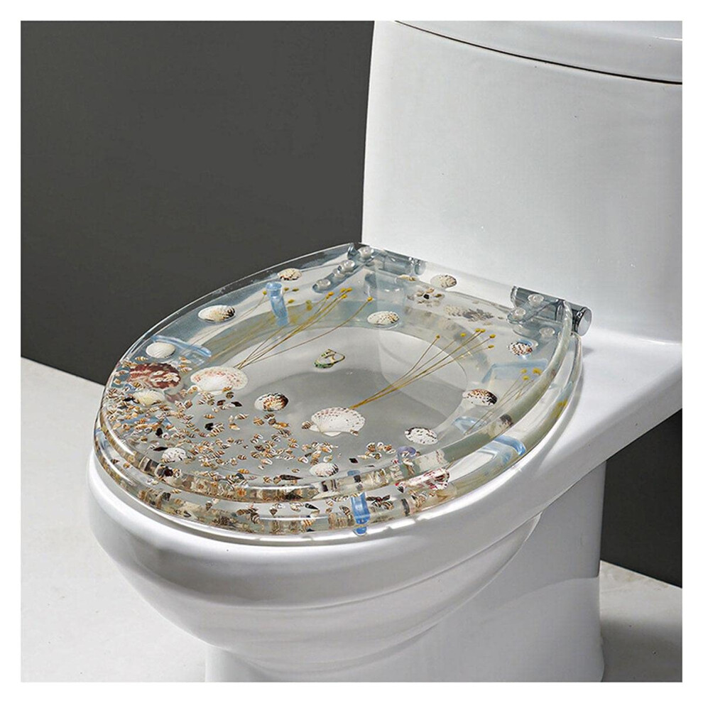 Slow Close Resin Toilet Seat With 3D Effects, Seashells, Dolphin Starfish Design For U V O Type Toilets, Heavy Duty Lid 9393856459315