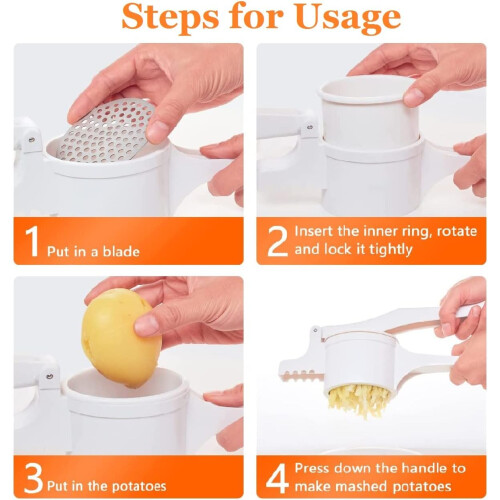 Plastic Potato Ricer Masher With 3 Interchangeable Stainless Steel Discs White 1