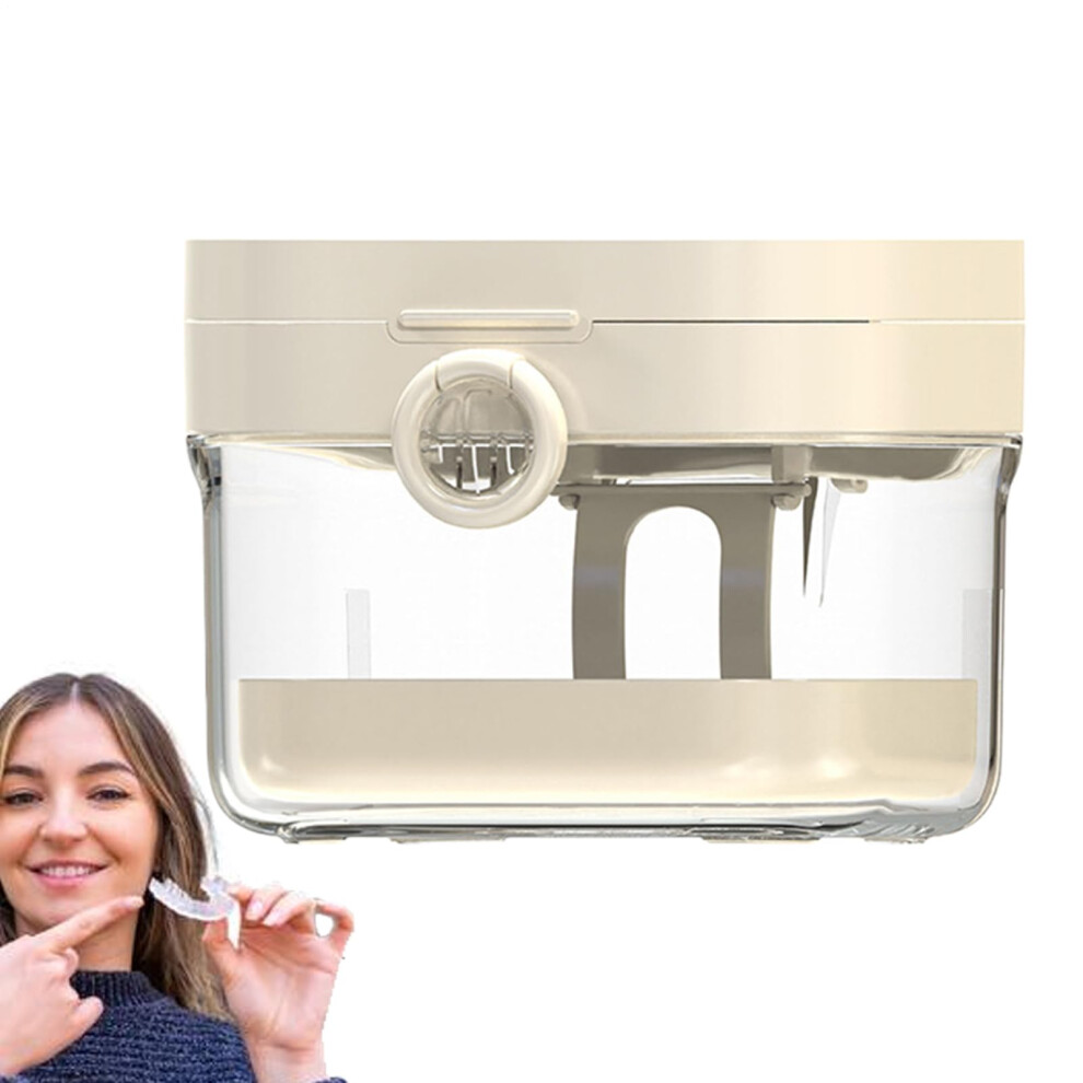 White Denture Soaking Container With Mirror Cleaning Tool Storage Box Travel For Dentures Retainers Night Guards