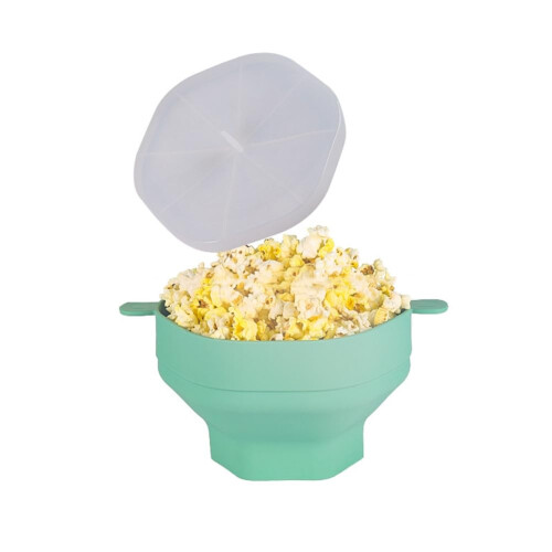 Silicone Microwave Popcorn Bowl Foldable Popcorn Maker With Lid Cyan Microwave Safe Space-Saving 2-Quart