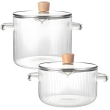 2-Piece Clear Borosilicate Glass Cookware Set With Wooden Lids Microwave Safe Stovetop Safe Dishwasher Safe