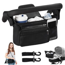 Pram Organiser Bag Large Capacity With 2 Insulated Bottle Holders Detachable Hooks And Adhesive Strap Black