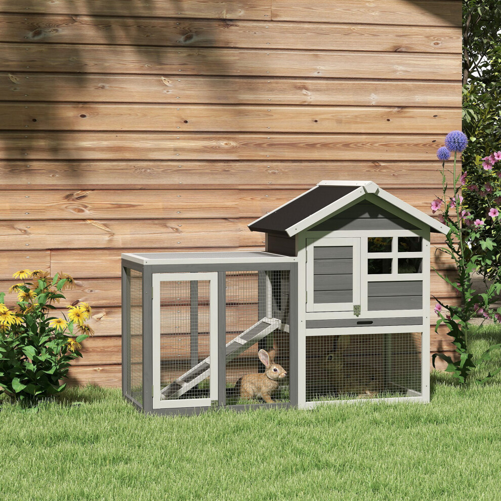 Pawhut Rabbit Hutch, Bunny Cage Outdoor Wooden House W/Tray & Ramp, Grey