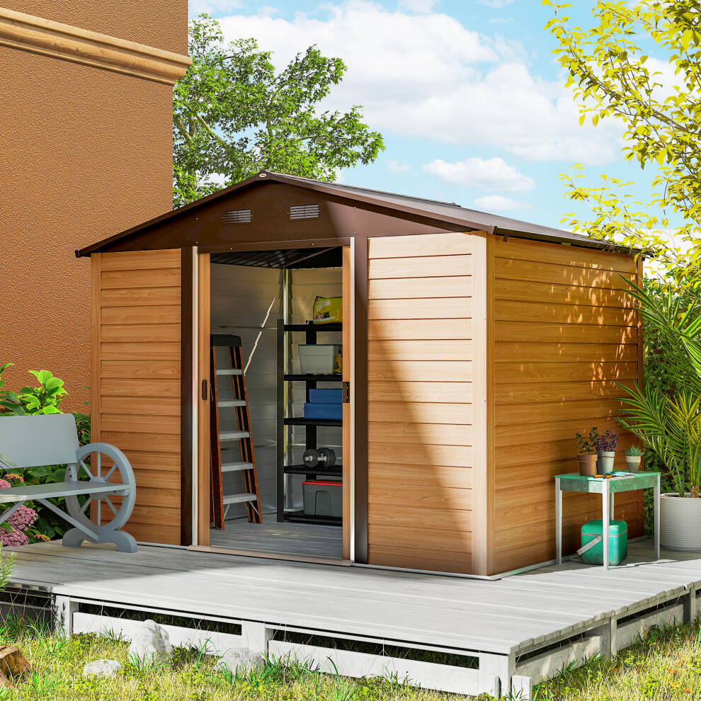 Outsunny 9.1X6.4ft Garden Shed, Tool Storage Sliding Door Wood Effect