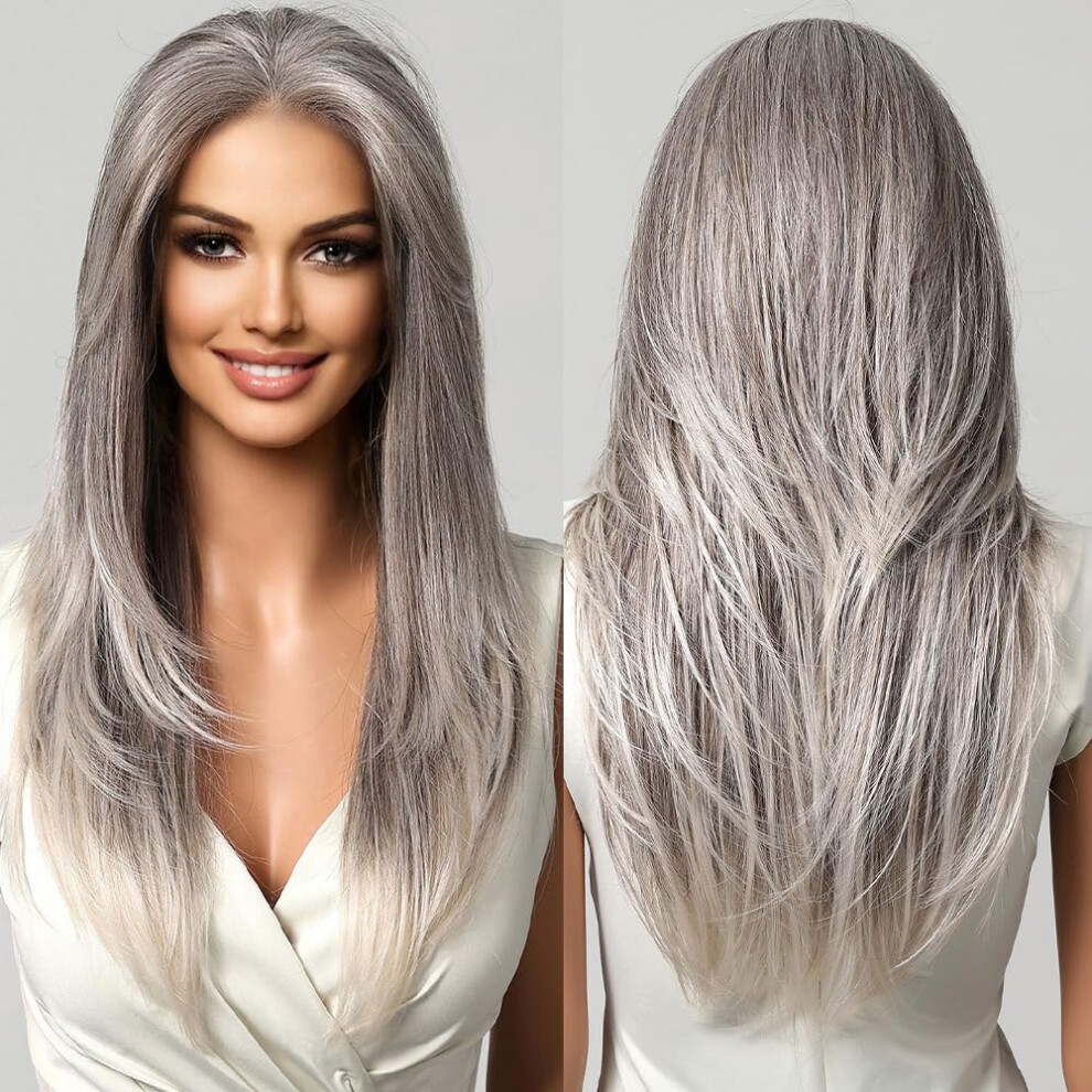 Unisex Silver,Grey Hd Lace Front Wig 13X6 22 Inch Straight Silver Grey For Women Glueless Synthetic Fiber Middle Part Natural Layered Hair