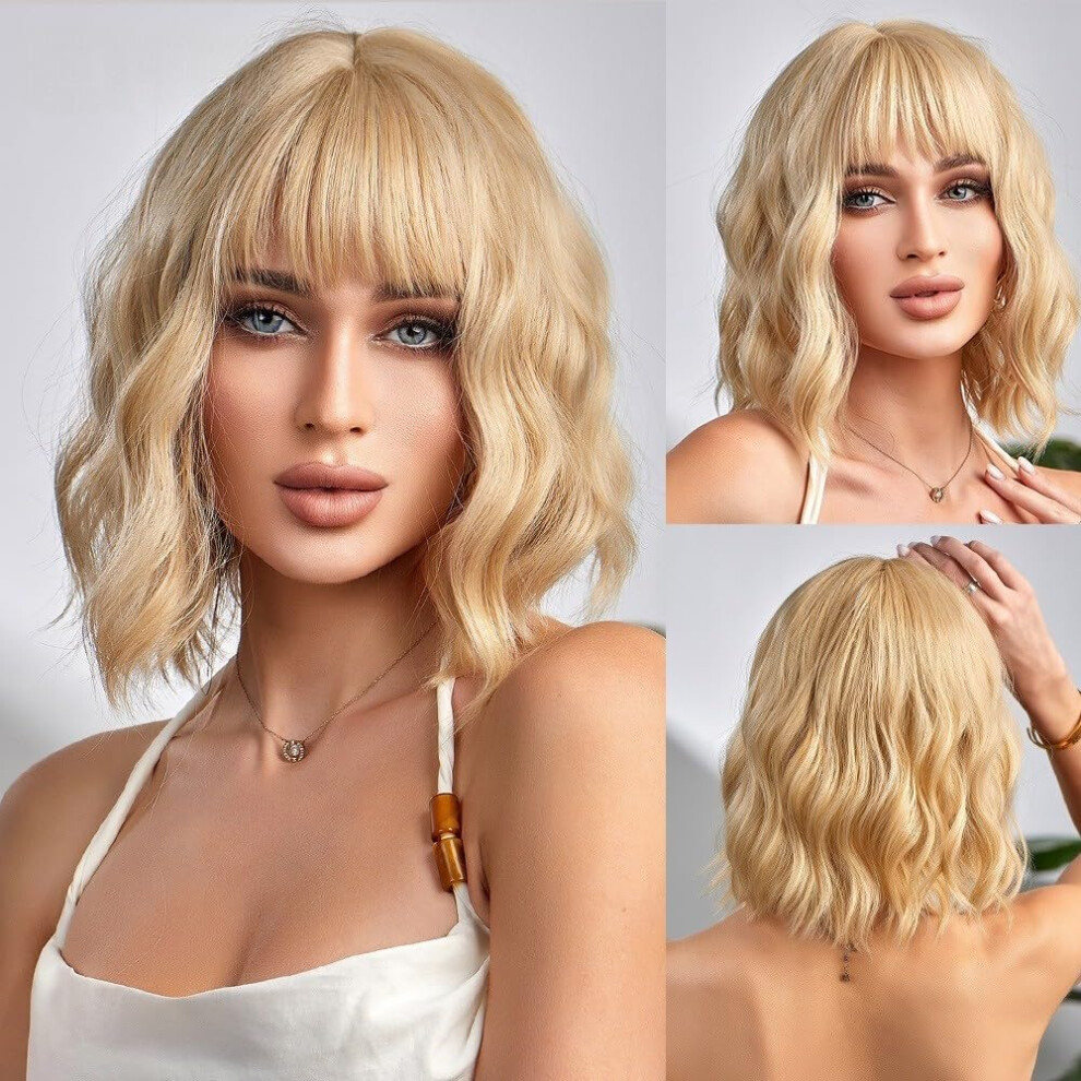 Unisex Short Wavy Bob Wig With Fringe Heat-Resistant Synthetic Shoulder-Length Wig For Women, Cosplay, Everyday Wear, Blonde