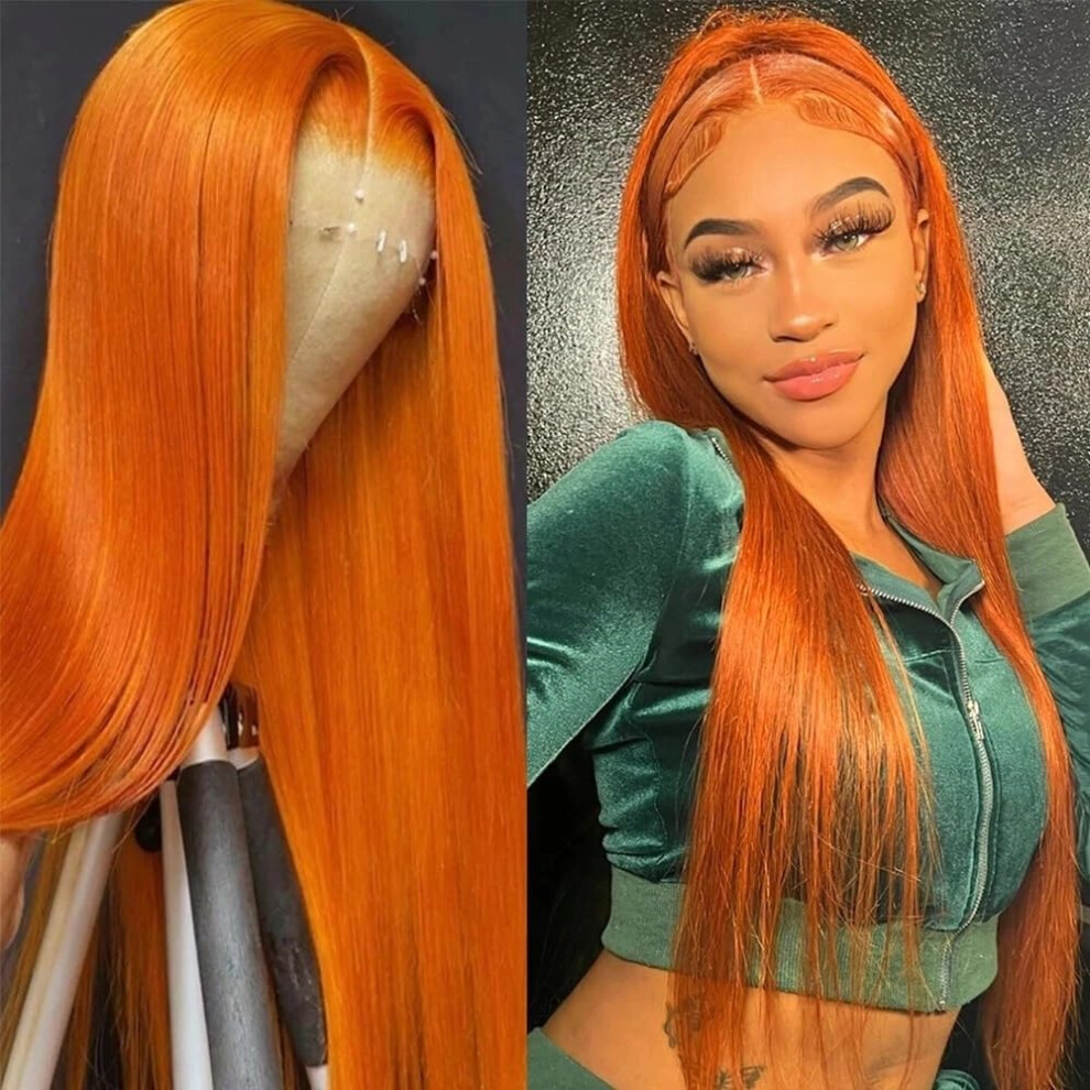 Premium Human Hair Wig Orange Ginger 200 Density HD Transparent Lace Straight 13x6 Lace Frontal Wig 28 Inch Brazilian Hair