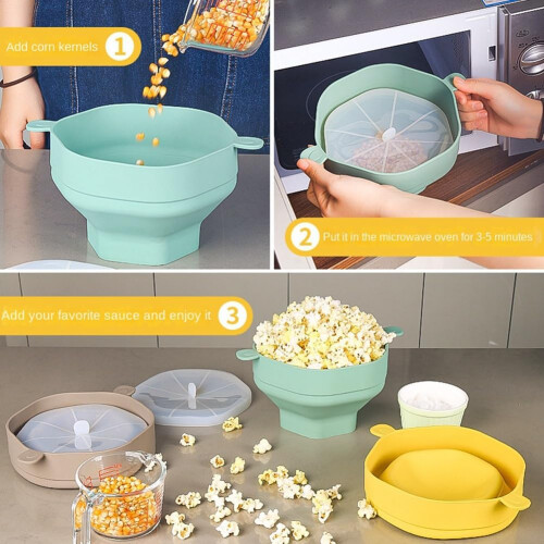 Silicone Microwave Popcorn Bowl Foldable With Lid Cyan Microwave Popcorn Maker Kitchen Baking Tool 1