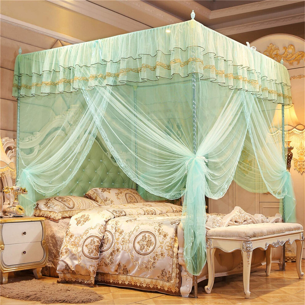 Bed Canopy Mosquito Net Four-Corner Post, Princess Ruffle Tassel, Water 1.2M X 2M, Kids Bedroom Decoration Green