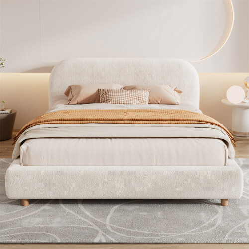 Warm White Boucle Double Bed with Arched Headboard